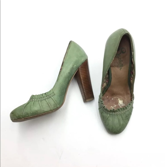 green leather high heels
